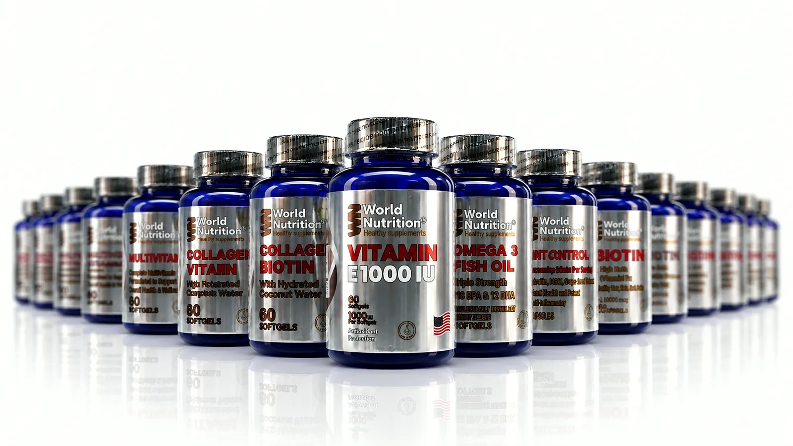 Línea completa de suplementos World Nutrition: multivitamínicos, colágeno, biotina, vitamina E, omega 3, control de apetito y más